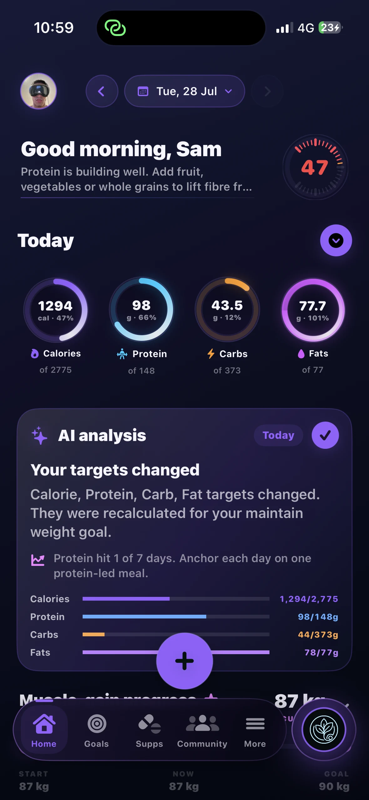 Caltra AI daily nutrition dashboard