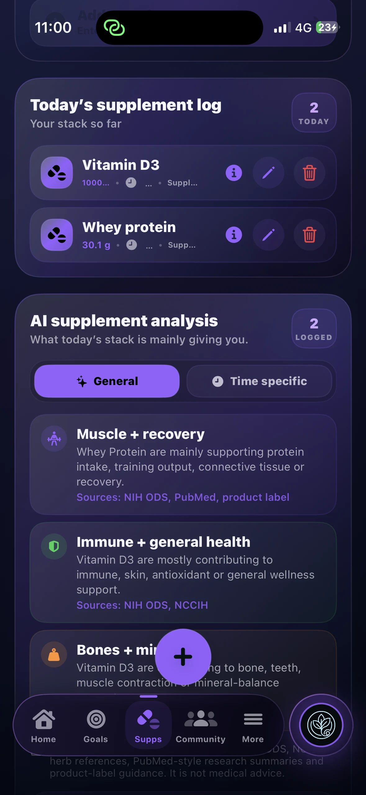 Caltra AI supplement log and analysis screen